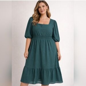 Agnes Orinda Plus Size Teal Textured Midi Casual Smocked Waist Dress Size 3X.